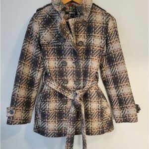 DKNY Women's Double-Breasted Plaid Pea Coat - Black and Cream
